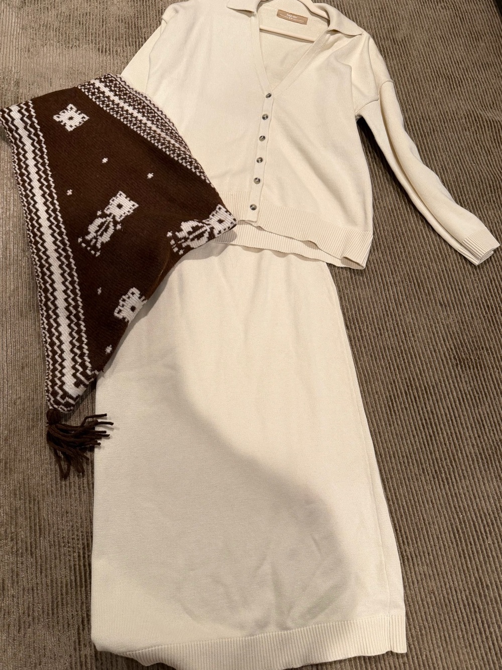 Free People Free-est 3-Piece Cream Knit Cardigan Maxi Skirt & Scarf Set XS